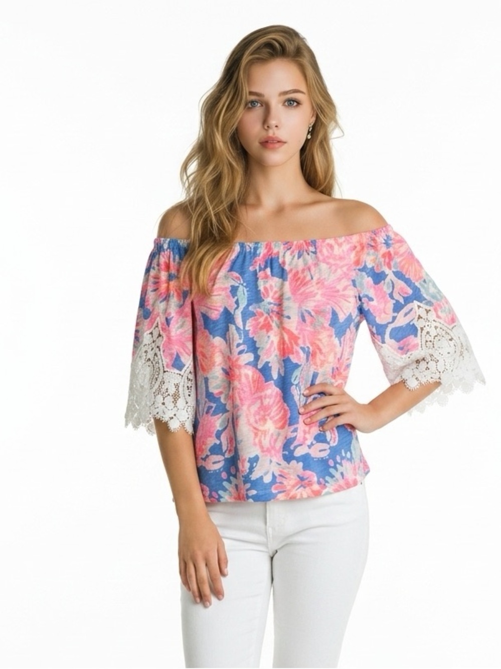 Lilly Pulitzer Off The Shoulder Lace Bell Sleeve Top Pink Blue Crab Print XS